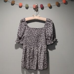 Navy Floral Smocked Square Neck Top